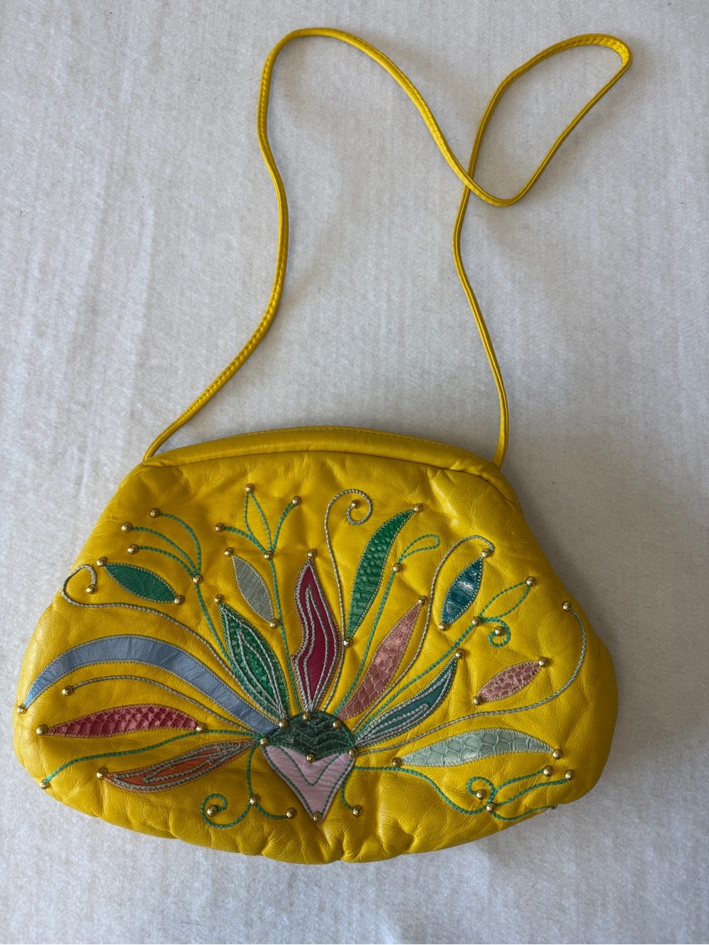 Vintage Yellow Embroidered Floral Leather Crossbody Bag